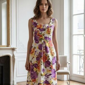 New Directions Sleeveless Floral Dress - Purple Red Yellow White - Size 10